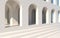 3d rendering. Arch hallway geometric background, architectural corridor, arch columns, empty wall. ancient housing Banner for