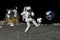 3d rendering Astronaut on the moon playing football. Slow motion. Elements of this video furnished by NASA