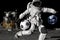 3d rendering Astronaut on the moon playing football. Slow motion. Elements of this video furnished by NASA