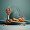 3d rendering of an autumn table setting with pumpkins and leaves