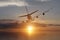 3d rendering from a back view of a big airliner in a sunset over the ocean