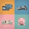 3d rendering of bank cards, pin pad, money dollars and piggy bank on four colour background