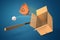 3d rendering of a baseball, a baseball bat and cap, and an empty cardboard box on blue background.