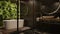 3D rendering of bathroom interior, black toilet, dark design, minimalism, modern classics combined with tropical plants