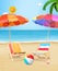 3D Rendering Beach Umbrellas, Beach Chairs And Beach Ball On Sea-beach Background