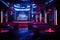 3d rendering of a beautiful night club interior with a red sofa, Stylish nightclub with neon spotlights, AI Generated