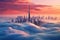 3D rendering of a beautiful sunset with skyscrapers and clouds, Dubai sunset view of downtown covered with clouds, AI Generated