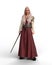 3D rendering of a beautiful tall blonde haired Viking warrior woman wearing a long dress and holding a sword isolated on a white