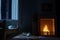 3d rendering of bedroom with fireplace at deep night