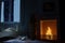 3d rendering of bedroom with fireplace at deep night