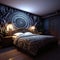 3d rendering of a bedroom with an ornate wall mural