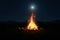 3d rendering of big bonfire with sparks and particles in front of forest and moonlight