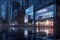 3D rendering of billboards and advertisement signs at modern buildings in capital city with light reflection from puddles on stree