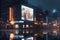 3D rendering of billboards and advertisement signs at modern buildings in capital city with light reflection from puddles on stree