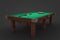 3d rendering of a billiards table with two cue sticks and a rack with balls on its surface.