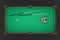 3d rendering of a billiards table with two cue sticks and a rack with balls in top view.