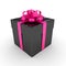 3d rendering of black gift box with pink ribbon over wh