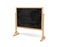 3d rendering of a black rectangle school chalkboard on a wooden stand isolated on white background.