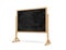 3d rendering of a black rectangle school chalkboard on a wooden stand on white background.