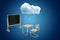 3d rendering of blackboard and school desk under white raining cloud on blue background.