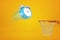 3d rendering of blue alarm clock flying into basketball hoop on yellow background