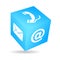 3D rendering of a blue cube with phone and mail symbols