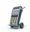 3d rendering of blue hand truck with grey point-of-sale terminal on top.