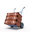 3d rendering of blue hand truck with stack of three brown suitcases on top.