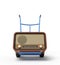 3d rendering of blue hand truck standing in half-turn with brown retro radio set on it.