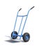 3d rendering of a blue hand truck standing upright on a white background.