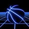 3D rendering of blue neon basketball ball on black background