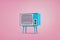 3d rendering of a blue retro TV set standing on legs and with antennas on top stand on pastel pink background.