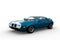 3D rendering of a blue and white 1970s vintage American muscle car isolated on a white background