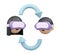 3D Rendering of boy and girl with VR metaverse glasses and global icon concept of online technology