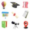 3d rendering brain lamp, graduation hat, pencil sharpener, presentation board, diploma, notepad, two books, telescope