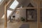 3d rendering of bright attic home office interior with roof beams and laminate floor