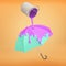 3d rendering of bright blue umbrella gets turned into violet color because of a metal can pouring paint on it.