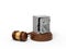 3d rendering of broken damaged metal bank safe on round wooden block and brown wooden gavel