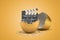 3d rendering of broken golden eggshell with movie clapper inside on yellow background