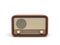 3d rendering of a brown rounded retro style radio receiver with an analogue tuner.