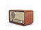 3d rendering of a brown rounded retro style radio receiver with an analogue tuner.