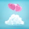 3d rendering of a bunch of light-purple balloons emerging from a white fluffy cloud on blue background.