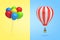 3d rendering of a bundle of multicolored balloons on yellow background on the left and of a hot-air balloon on light