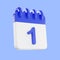 3d rendering calendar icon with a day of 1. Blue and white color