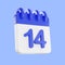 3d rendering calendar icon with a day of 14. Blue and white color