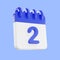 3d rendering calendar icon with a day of 2. Blue and white color