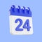 3d rendering calendar icon with a day of 24. Blue and white color