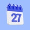 3d rendering calendar icon with a day of 27. Blue and white color