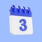 3d rendering calendar icon with a day of 3. Blue and white color
