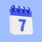 3d rendering calendar icon with a day of 7. Blue and white color